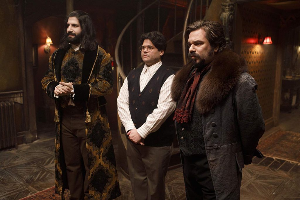 Kayvan Novak, Matt Berry, and Harvey Guillen in What We Do in the Shadows (2019)