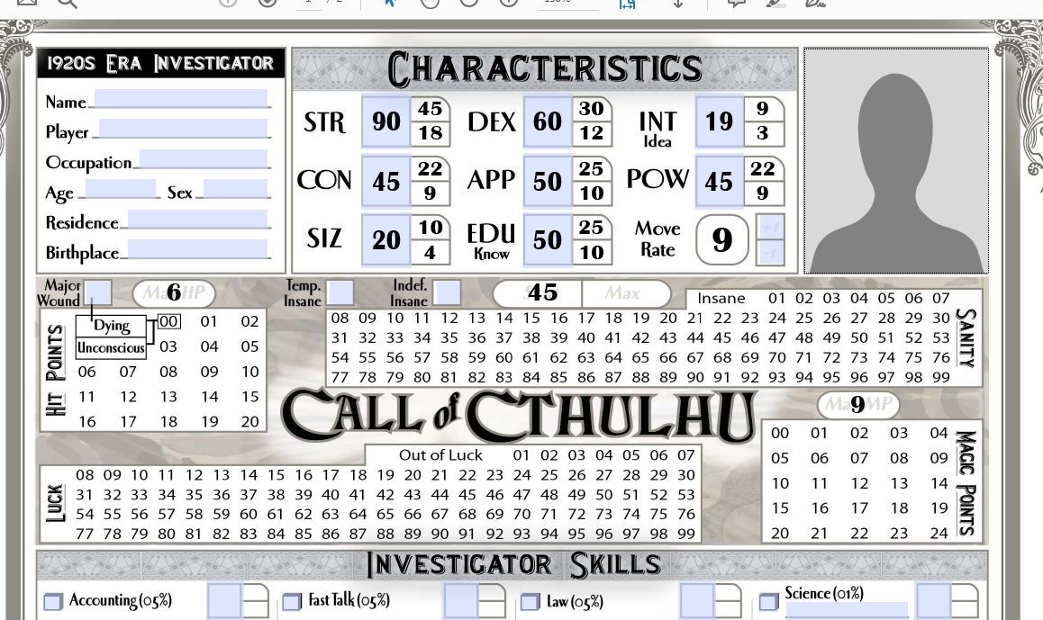 call of cthulhu rpg character sheet 7e