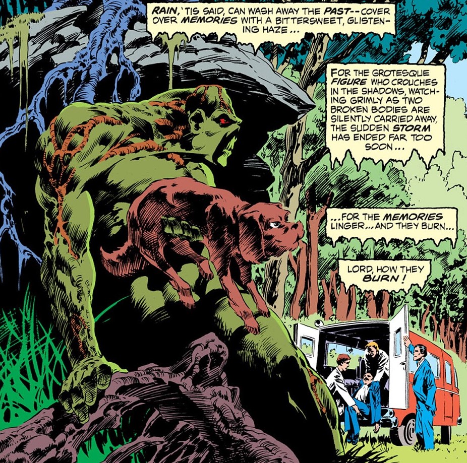 Swamp Thing hiding behind a rock with mutt, Swamp Thing #2, 1973