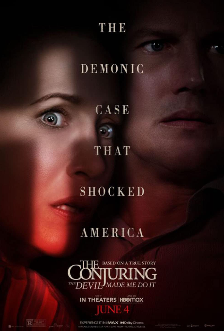 Conjuring 3 movie poster with ed and lorraine warren in the shadows and a cross of light frames lorraine