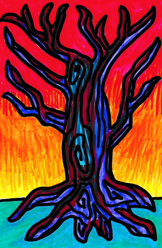 vibrant marker drawing of dead tree with thick bold lines