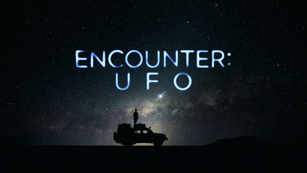 Encounter UFO photo of a man on top of a truck with the infinite night sky as a backdrop...