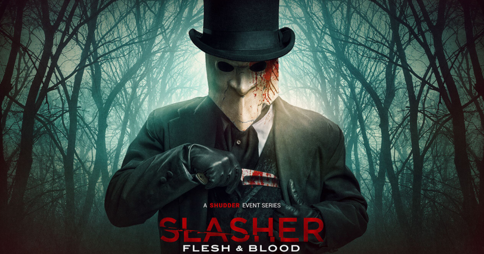 Slasher S4E2 a picture of 'Slasher Flesh and Blood' A Shudder Event Series. A man in black pulling a bloody knife from his coat. He is wearing a white mask that hides all features of their face.