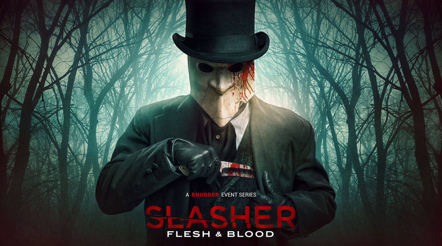 Slasher S4E2 a picture of 'Slasher Flesh and Blood' A Shudder Event Series. A man in black pulling a bloody knife from his coat. He is wearing a white mask that hides all features of their face.