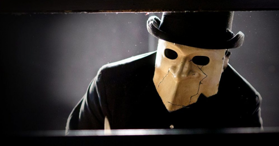Slasher S4E3 a close up of a plague doctor looking (eyes no mouth, but nose) person in a cracked white mask and a black top hat looking menacingly