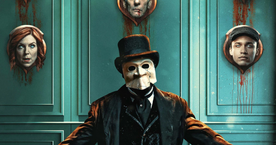A man in a a black suit and coat wears a white mask. Behind him are the heads of people mounted on the wall like an animal. Slasher S4E8