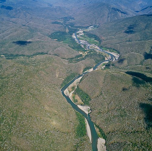 An aerial view of a green river