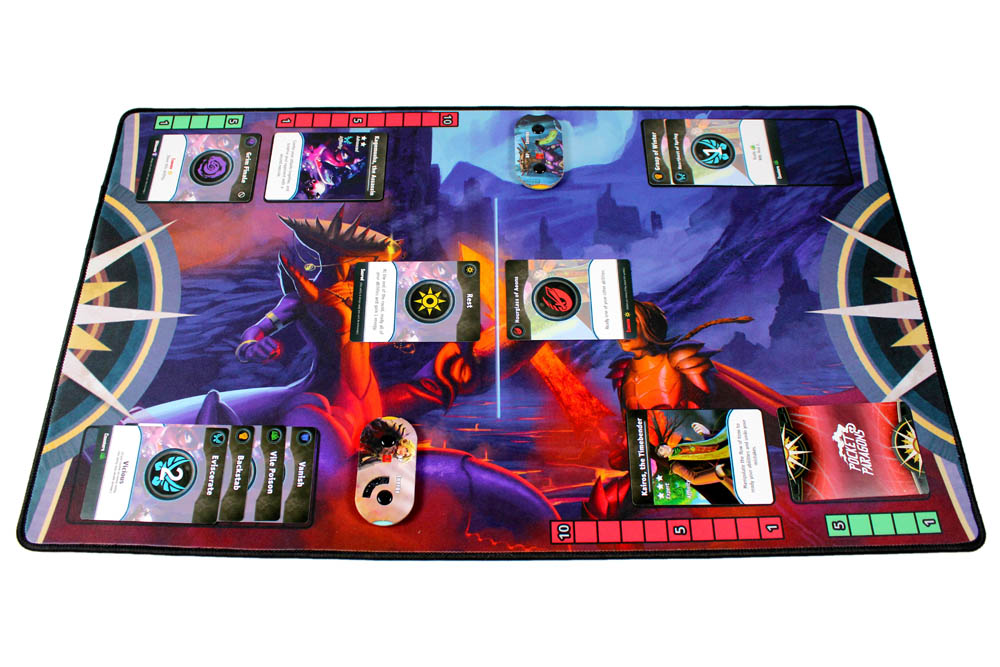 Pocket Paragons card game setup shown with optional play mat