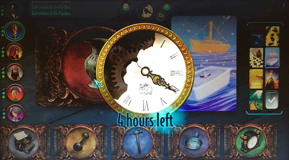Another image of the interface for the online version showing how many turns remain to offer clues to the psychics o steer them to guess the right lineup, this time showcasing weapons.