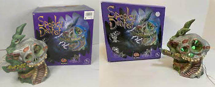 two views of the Spooky Dentist lighted porcelain house, off and on