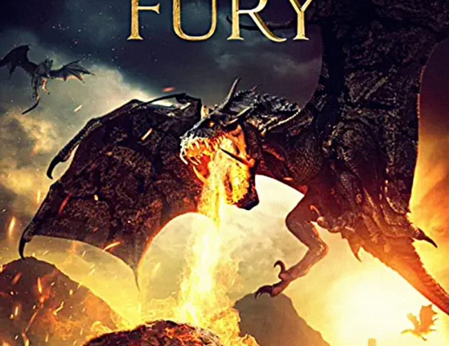 The poster for the film Dragon Fury. A dragon breathes fire at two soldiers hiding behind a rock. In the background there are two more dragons and a city. "Dragon Fury" is written in gold text at the top.