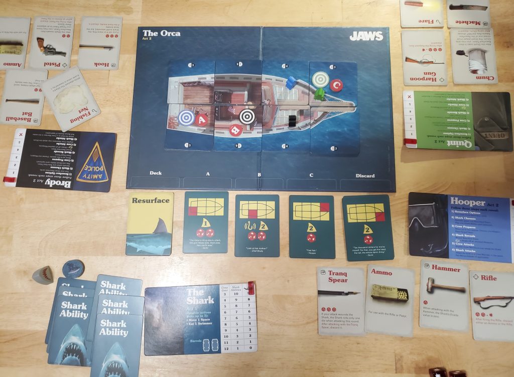 The Jaws board game set up for act two.