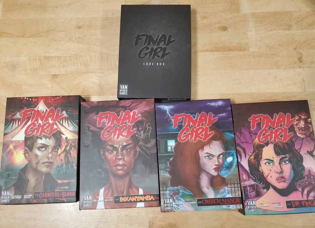 The final girl core box, along with the Carnage at the Carnival, Slaughter at the Groves, The Haunting of Creech Manor, and Frightmare on Maple Lane feature film boxes.