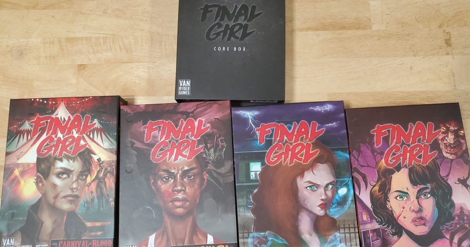 The final girl core box, along with the Carnage at the Carnival, Slaughter at the Groves, The haunting of Creech Manor, and Frightmare on Maple Lane feature film boxes.