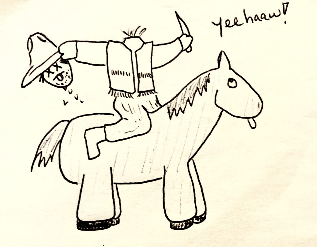 a fantastic drawing of a cowboy headless horseman