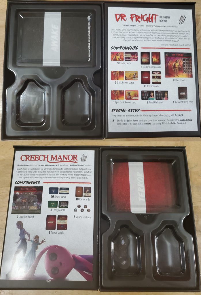 Comparing the inserts of a random killer (Dr. Fright) and a random location (Creech Manor) box. Both box's components take up much less space than is given.