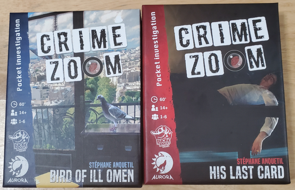 The Crime Zoom Bird of Ill Omen and His Last Card game boxes
