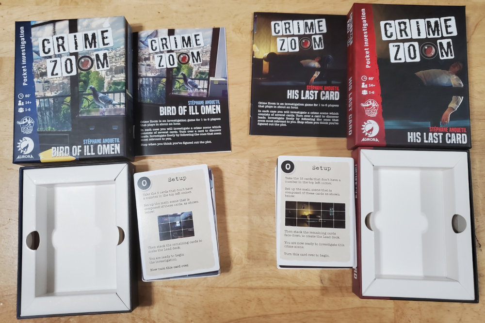 The components of each Crime Zoom game out on the table