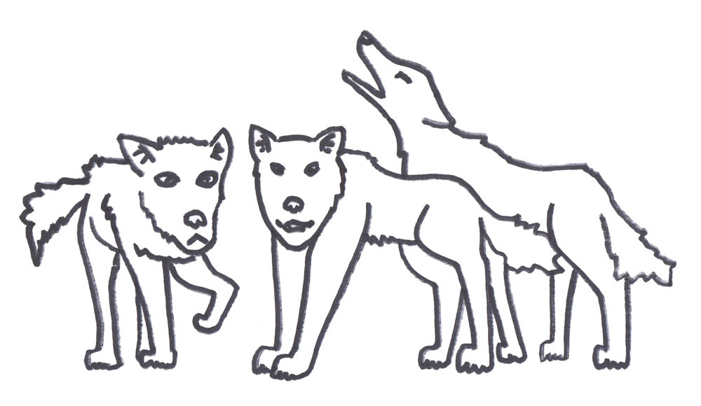 Wild dogs from our first session encounters in Twilight 2000 RPG, drawn by Jennifer Weigel