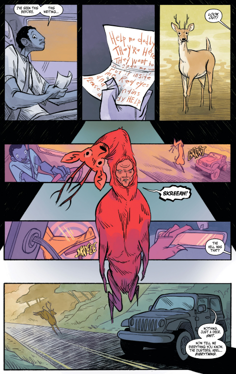 A still from the comic that shows a deer/man creature