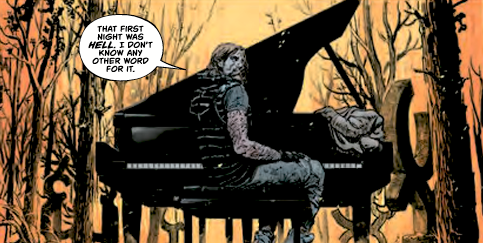 Still from the comic showing a man at a piano explaining how bad the first night at the lake house was