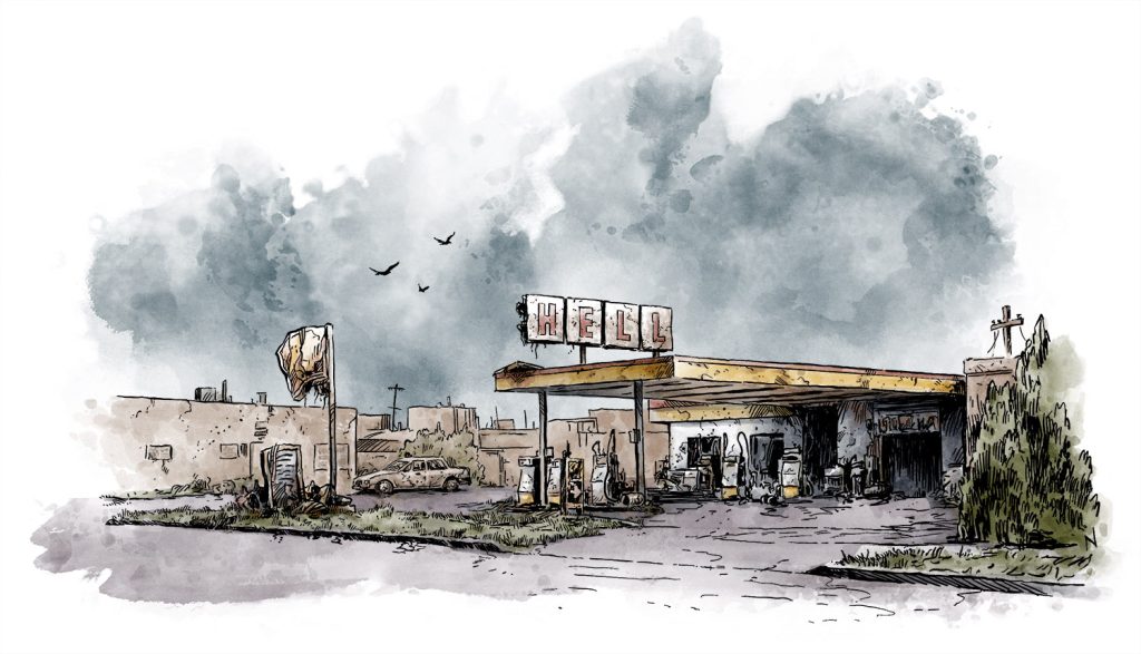 Free League Publishing's Twilight 2000 RPG art by Niklas Brandt featuring an image of a ransacked gas station with sign that has been damaged and now reads "Hell"