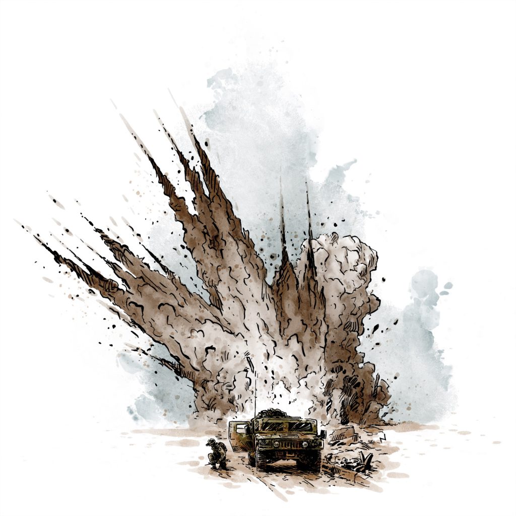 Free League Publishing's Twilight 2000 RPG art by Niklas Brandt featuring an image of a tank very close to an explosion