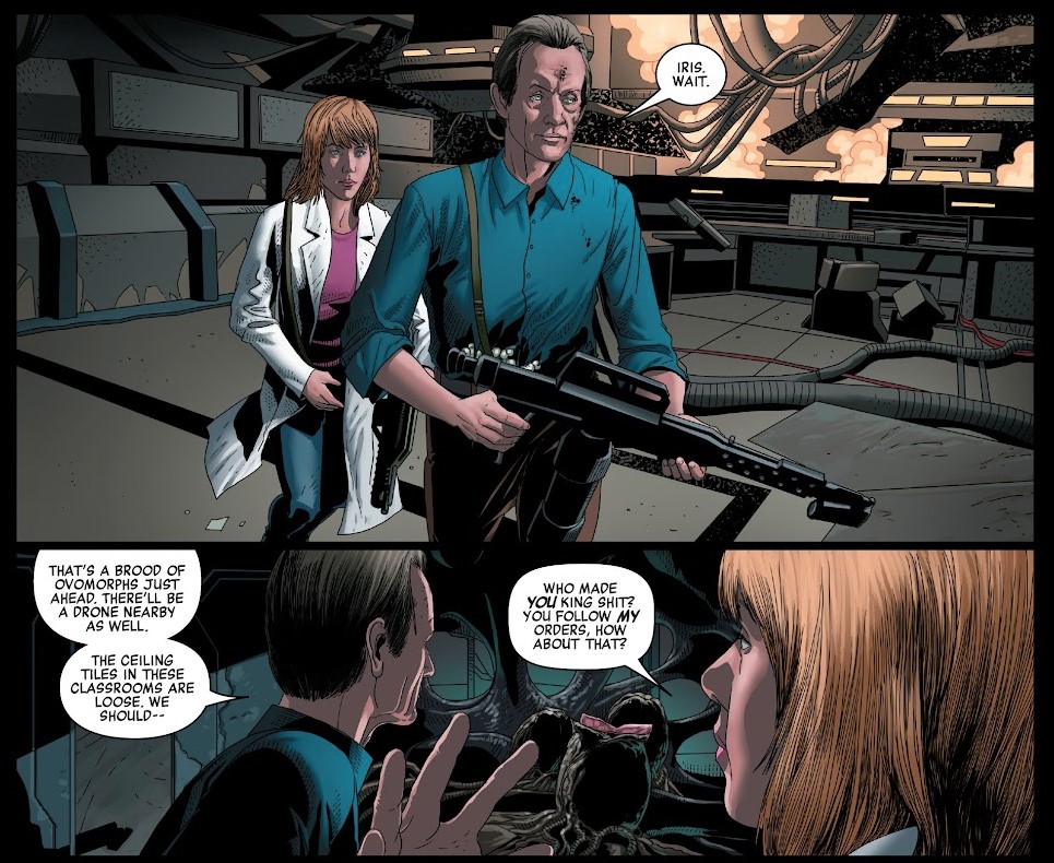 Panels from Marvel's sci-fi horror comic Alien #5 depicting Iris and Bishop in an alien-infested space station.