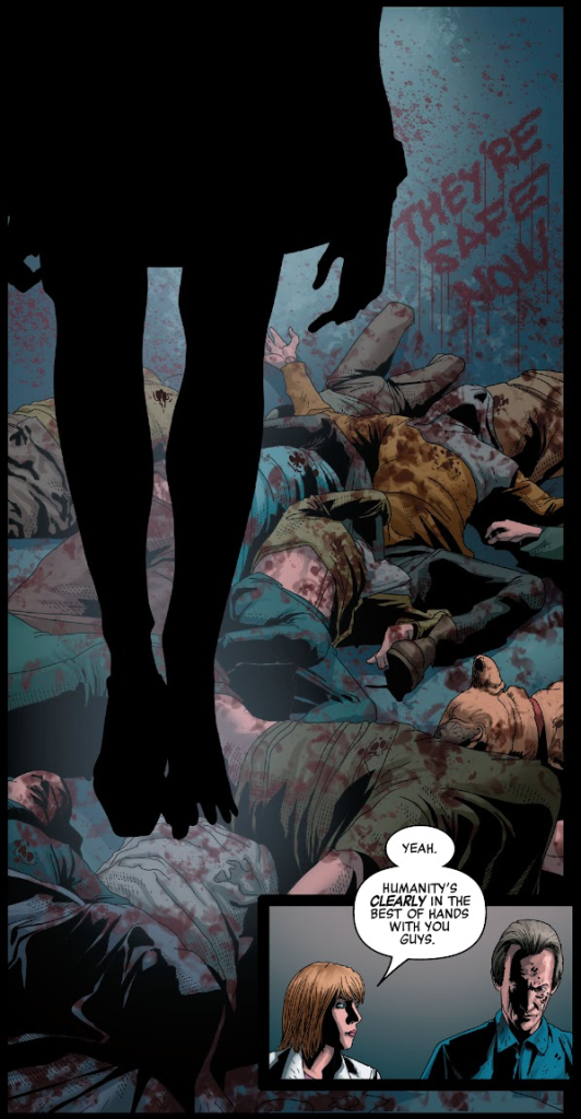 Panel from Marvel's sci-fi horror comic Alien #5 depicting a mass suicide.