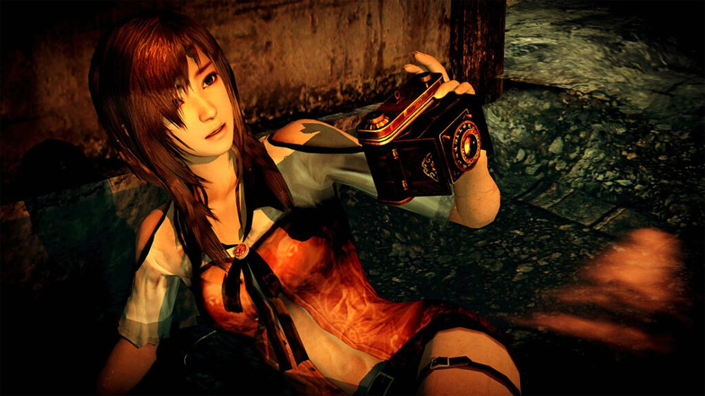 Yuri holds up the camera, trying to defend herself against the spirit in Fatal Frame 5 First Drop