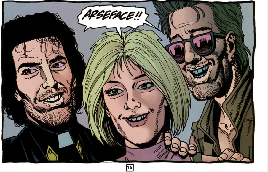 Preacher's protagonists smile for the camera and say the word "Arseface." 