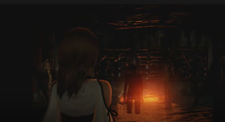 A spirit stares forlornly at the sunrise through a hole in the inn's wall in Fatal Frame 5 First Drop