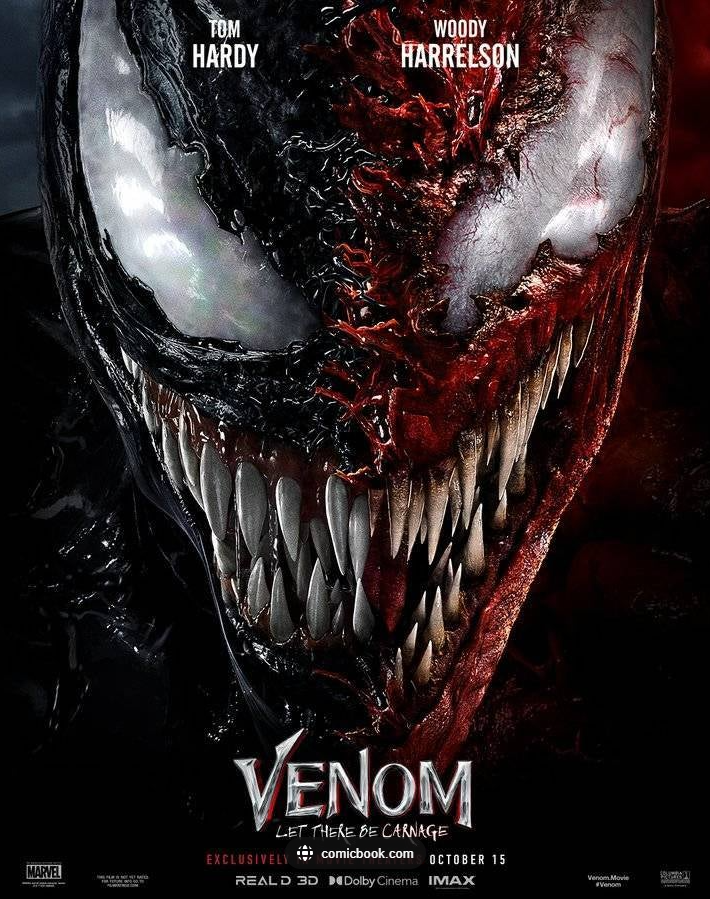 Venom let there be carnage poster with a mouth opened venom and carnage with sharp teeth looking out to destroy.