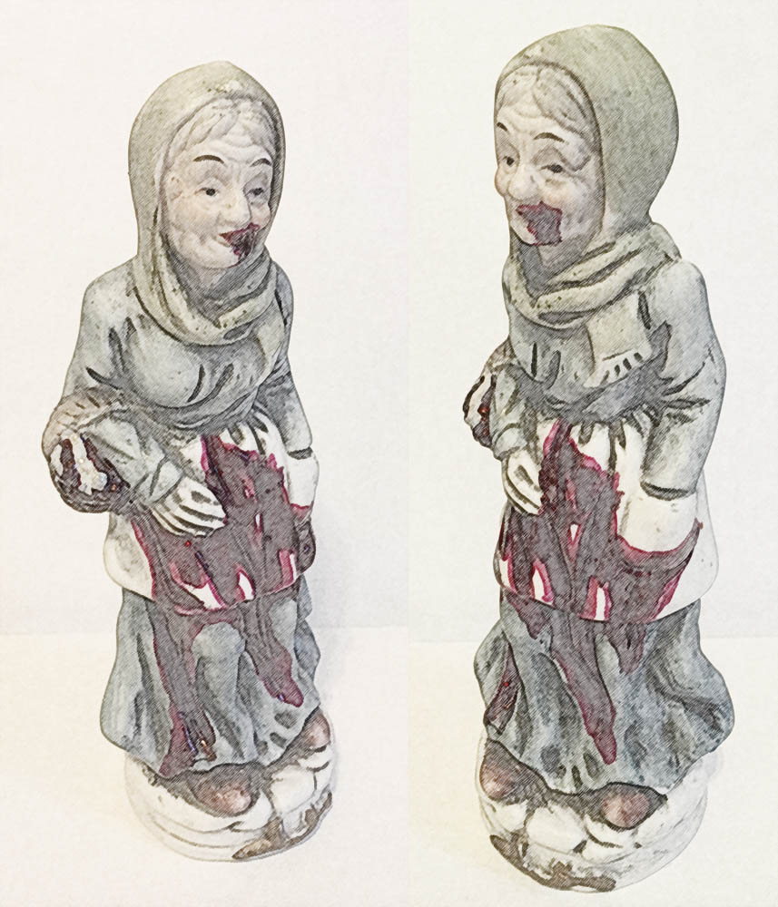 red nail polish blood drips from the mouth of a porcelain figurine of an old woman in peasant clothes