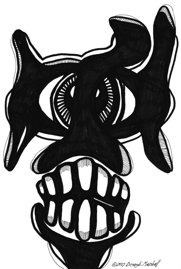 black and white drawing of one-eyed creature with huge teeth