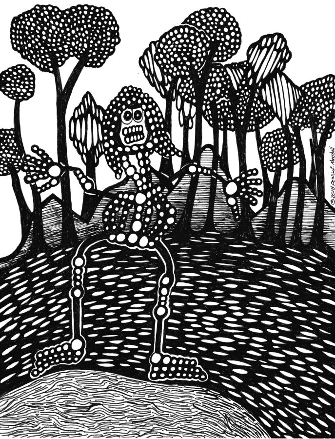 textural black and white drawing of figure in landscape