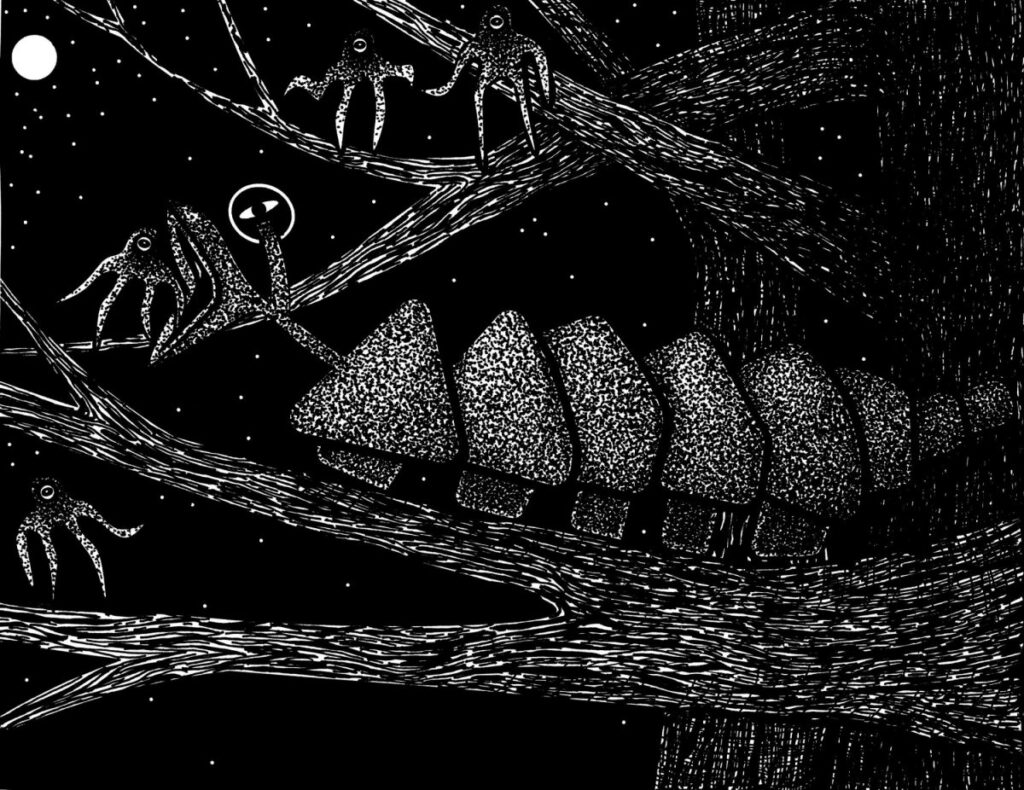 black and white drawing of tree creatures at night