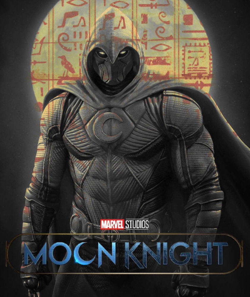Moon Knight - a picture of a white super hero suited man standing in front of hieroglyphs