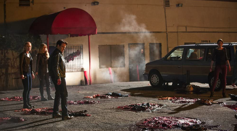 TrueBloodS7E4 Bill, Jessica, Pam, and Violet look on to the dead vampire puddles outside Fangtasia