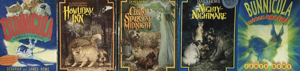 Here are all of the Bunicula books included in this review (two in the series are missing): Bunnicula, Howliday Inn, The Celery Stalks at Midnight, Nighty-Nightmare, and Bunnicula Strikes Again