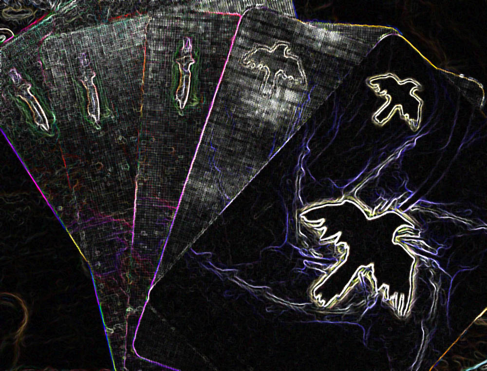 Nevermore cards in hand, two ravens pecking three swords for an attack of 1, also digitally altered so to be seen from the shadow realm in raven form
