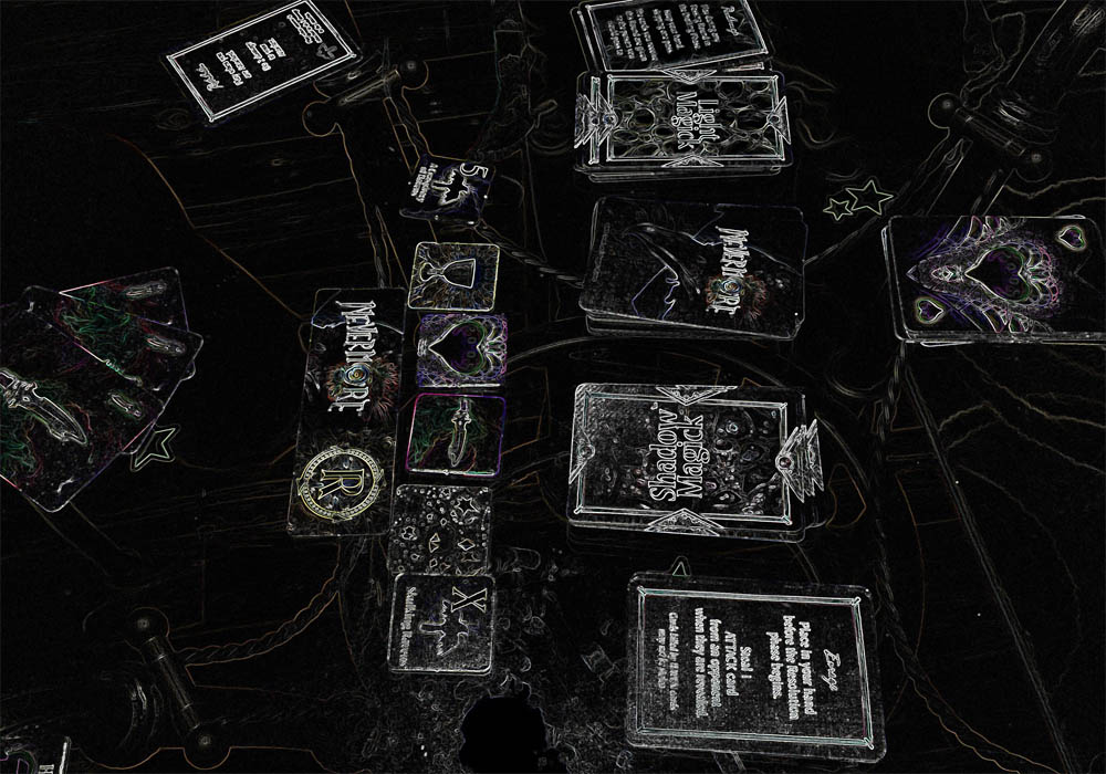 Nevermore game setup with the layout of the cards, digitally altered so to be seen from the shadow realm in raven form