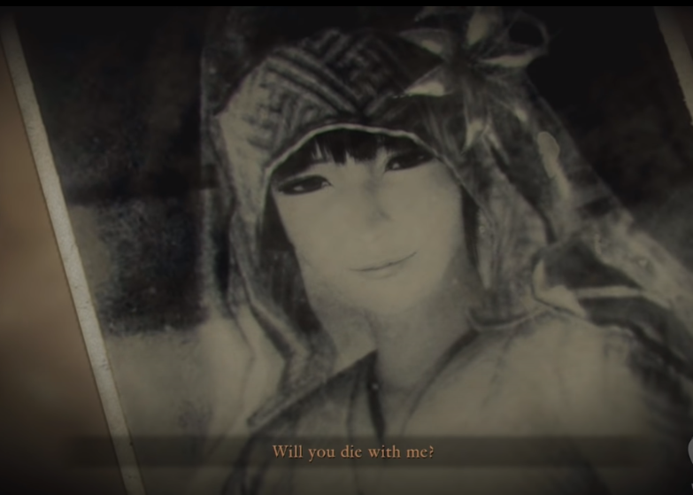 Fatal Frame 5 Third Drop Gameplay: a photo of a shrine maiden that moves to stare at Ren.