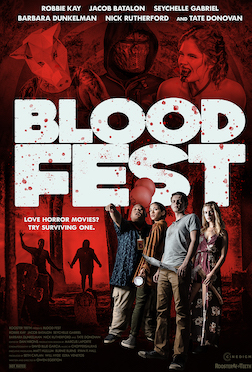 Title 'blood fest' shows four teens (or 30 year olds who knows) pointing at bloody stuff.