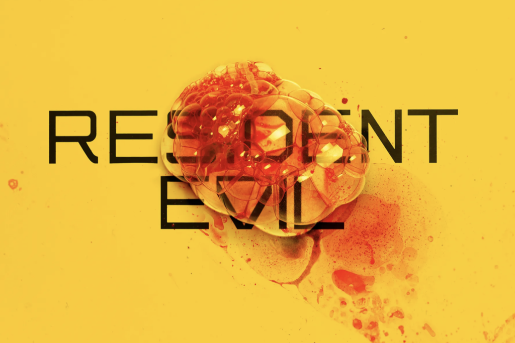 Resident Evil poster with a yellow background and a bubble of saliva with blood in the middle.