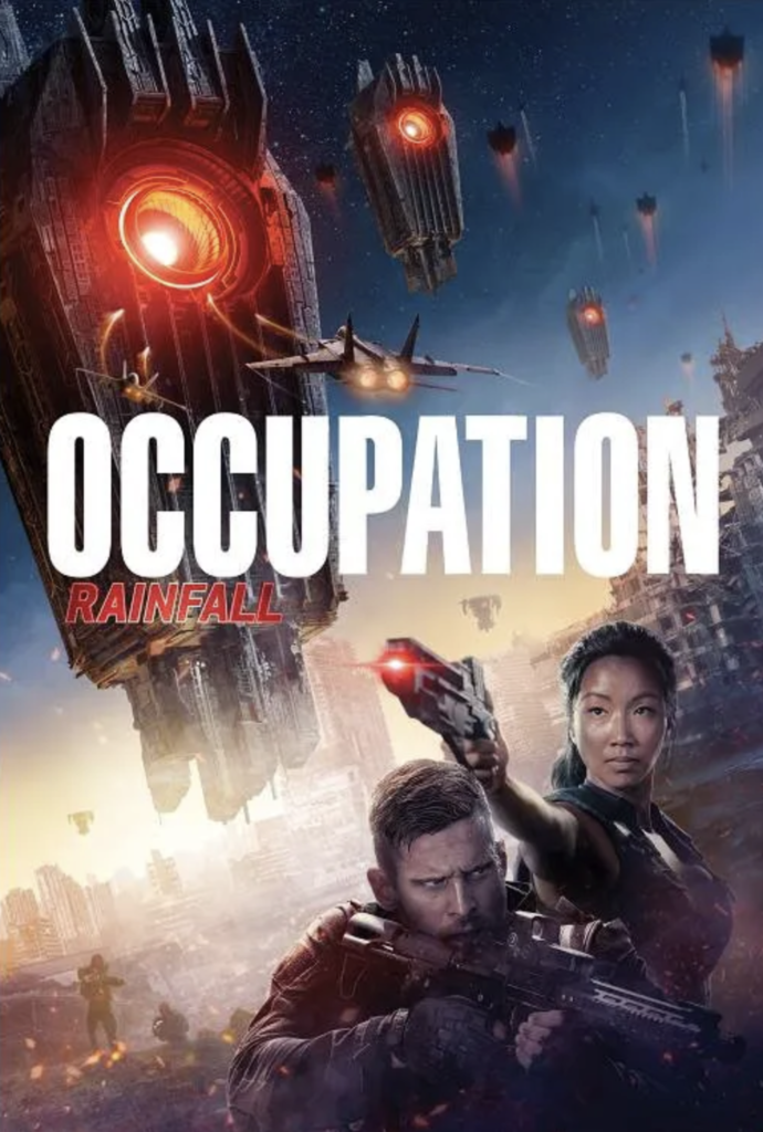 Occupation Rainfall movie poster with a man and a woman in military gear facing off an army of aliens.