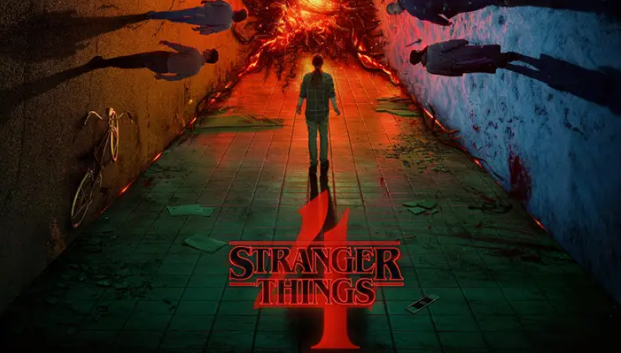 Stranger Things Season 4 poster with people walking down a hallway on the walls.