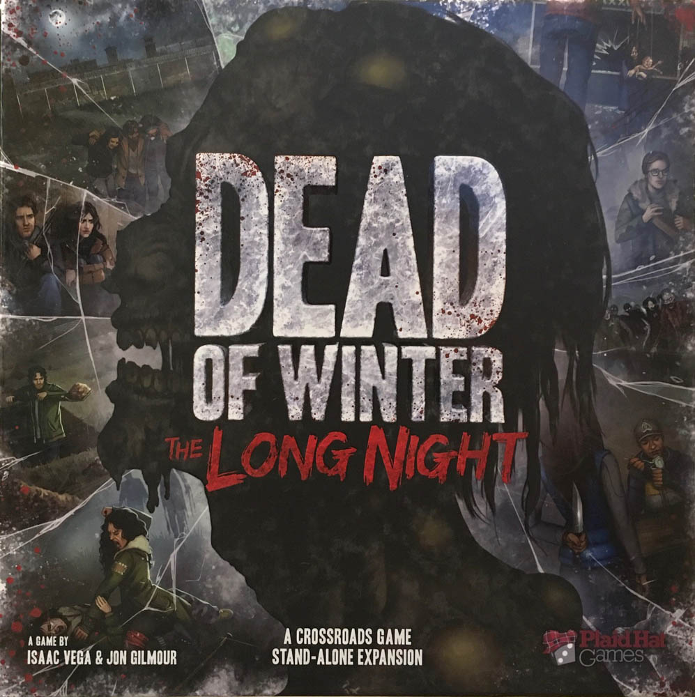 Dead of Winter The Long Night game box featuring zombie in profile and images of characters surviving the zombie apocalypse in the background