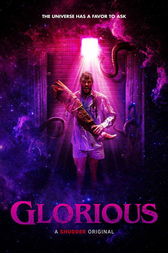Glorious (2022) Poster depicting Wes (Ryan Kwanten) with a severed leg amidst cosmic images