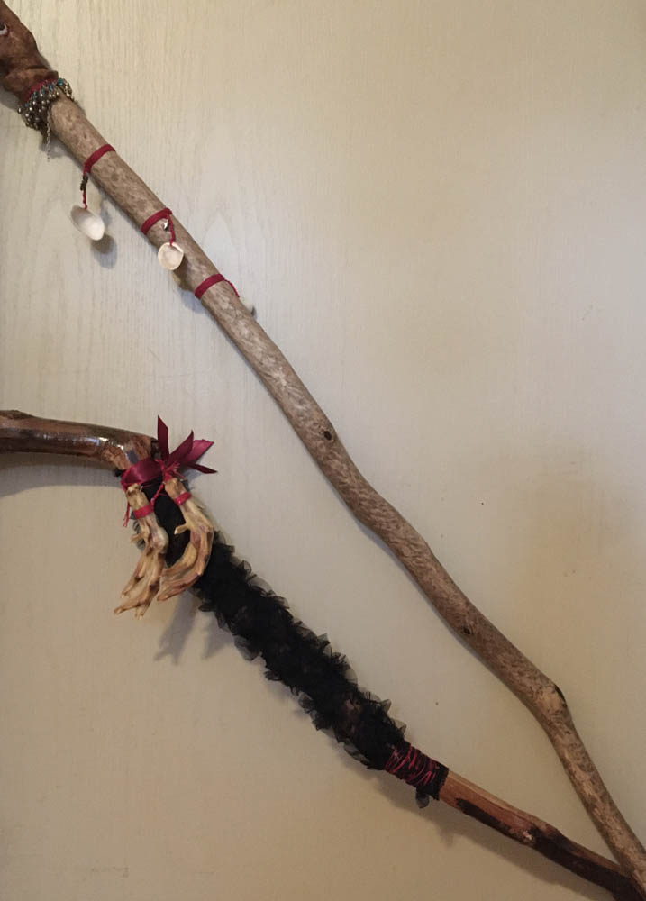 two embellished walking shaman sticks by Jennifer Weigel